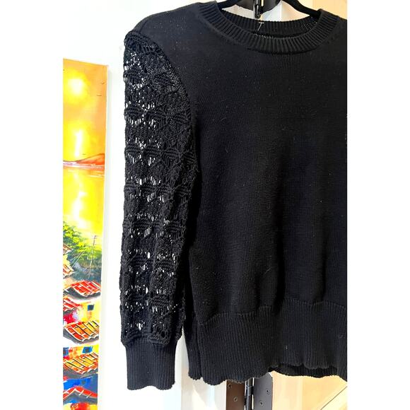 Cotton by Autumn Cashmere Black Sweater, Crochet Knit Sleeve, Fall Winter Top, S - Picture 4 of 4